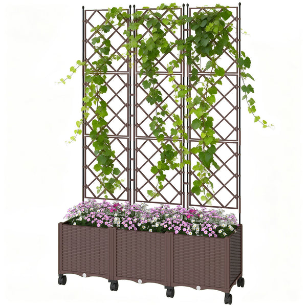 Jardinière avec treillis, bac à fleurs sur roulettes, lit surélevé en plastique avec système d'auto-arrosage, trous de drainage, pour plantes grimpantes, légumes, fleurs, 120x40x192cm, marron