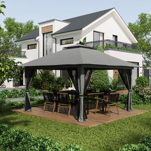 Tonnelle de jardin extérieur barnum de jardin pop-up tente pliant 4 x 4 m double toit protection UV 50+ 4 moustiquaires, 4 sacs de sable, 1 sac de transport tissu Oxford métal gris
