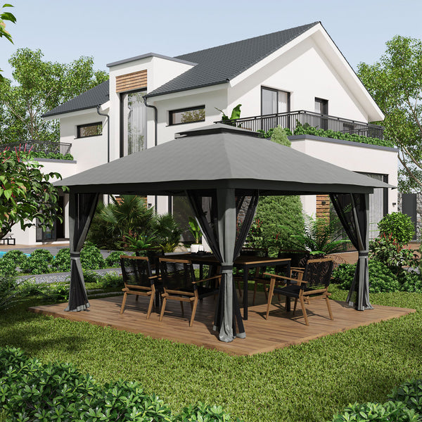 Tonnelle de jardin extérieur barnum de jardin pop-up tente pliant 4 x 4 m double toit protection UV 50+ 4 moustiquaires, 4 sacs de sable, 1 sac de transport tissu Oxford métal gris