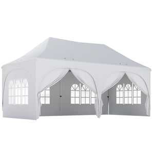 Tonnelle pliante 3x6m imperméable anti-UV, barnum avec 6 parois & 6 sacs de sable - tente de réception 12 trous de drainage - pavillon pop-up, 4 fenêtres église pour mariage, marché - blanc