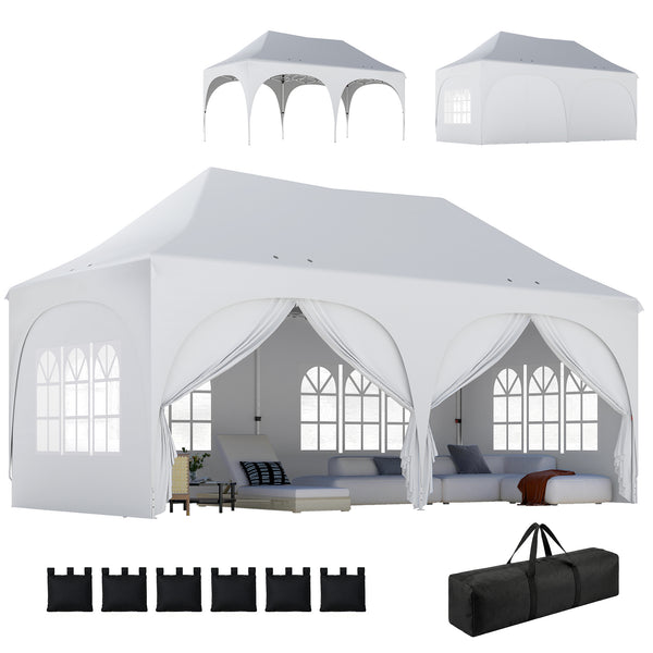 Tonnelle pliante 3x6m imperméable anti-UV, barnum avec 6 parois & 6 sacs de sable - tente de réception 12 trous de drainage - pavillon pop-up, 4 fenêtres église pour mariage, marché - blanc