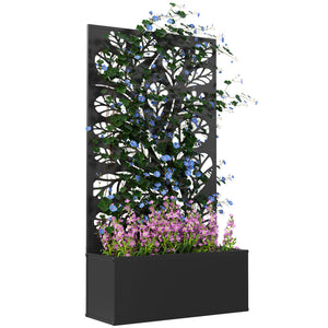 Jardinière avec treillis, brise-vue paravent, jardinière extérieure métal sur pieds ou murale, motif de feuilles rondes, bac à fleurs rectangulaire balcon terrasse, 61x23x113cm, noir