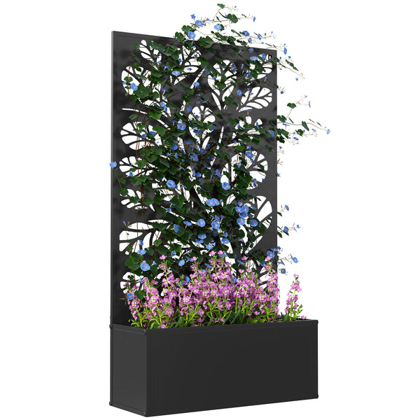 Jardinière avec treillis, brise-vue paravent, jardinière extérieure métal sur pieds ou murale, motif de feuilles rondes, bac à fleurs rectangulaire balcon terrasse, 61x23x113cm, noir