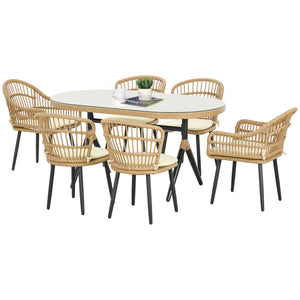 Salon de jardin extérieur en résine tressée 6 places ensemble de salle à manger - 1 table rectangulaire et 6 chaises avec coussins - plateau en verre trempé, cadre en acier, bois naturel