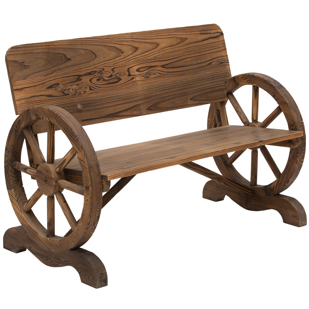 Banc de Jardin 3 Places Style Rustique Chic accoudoirs Roues de Charette Bois Sapin traité carbonisation