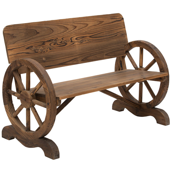 Banc de Jardin 3 Places Style Rustique Chic accoudoirs Roues de Charette Bois Sapin traité carbonisation