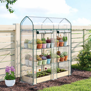 Serre de Jardin avec Étagères 3 Niveaux à Toit Pointu, Petite Serre de Balcon en Bâche PVC et Châssis Acier, 2 Portes Roulantes, pour Légumes Plantes Fleurs, 143 x 46 x 165 cm, Transparent