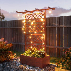 Jardinière Surélevée avec treillis et Barres de Toit, bac à fleurs, lit surélevé Trous de Drainage, tissu non tissé, pour plantes grimpantes, légumes, extérieur, bois massif, bois naturel