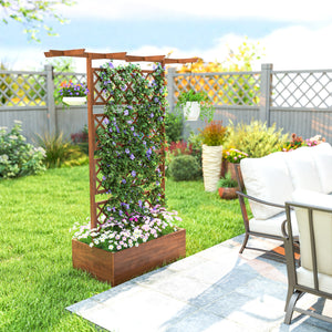 Jardinière Surélevée avec treillis et Barres de Toit, bac à fleurs, lit surélevé Trous de Drainage, tissu non tissé, pour plantes grimpantes, légumes, extérieur, bois massif, bois naturel