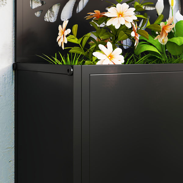 Jardinière avec treillis, brise-vue paravent, jardinière extérieure métal sur pieds ou murale, motif de feuilles rondes, bac à fleurs rectangulaire balcon terrasse, 61x23x113cm, noir