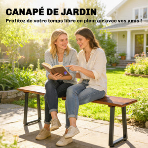 Banc de Jardin en Bois de Sapin, Sans Dossier, Industriel, Banc d'extérieur 2 Places à Effet Bois, Pieds trapézoïdaux en Acier, pour Patio Balcon Parc, Capacité 240 kg, 150x28x48cm, Carbonisé