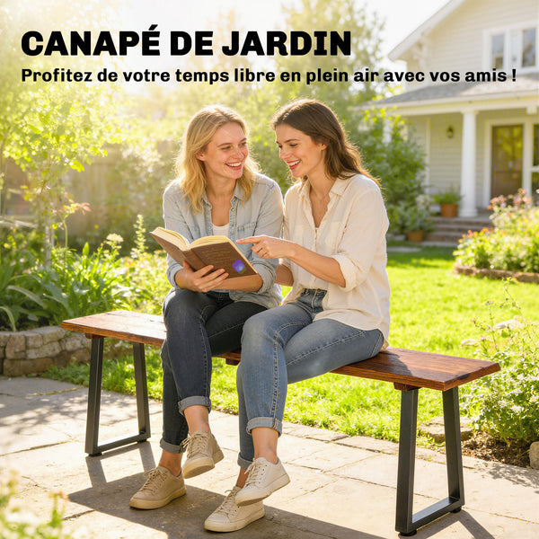 Banc de Jardin en Bois de Sapin, Sans Dossier, Industriel, Banc d'extérieur 2 Places à Effet Bois, Pieds trapézoïdaux en Acier, pour Patio Balcon Parc, Capacité 240 kg, 150x28x48cm, Carbonisé