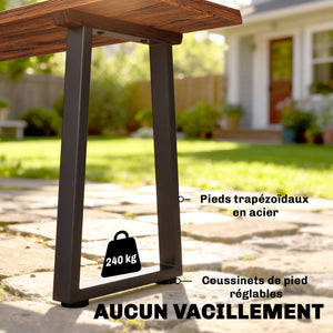 Banc de Jardin en Bois de Sapin, Sans Dossier, Industriel, Banc d'extérieur 2 Places à Effet Bois, Pieds trapézoïdaux en Acier, pour Patio Balcon Parc, Capacité 240 kg, 150x28x48cm, Carbonisé