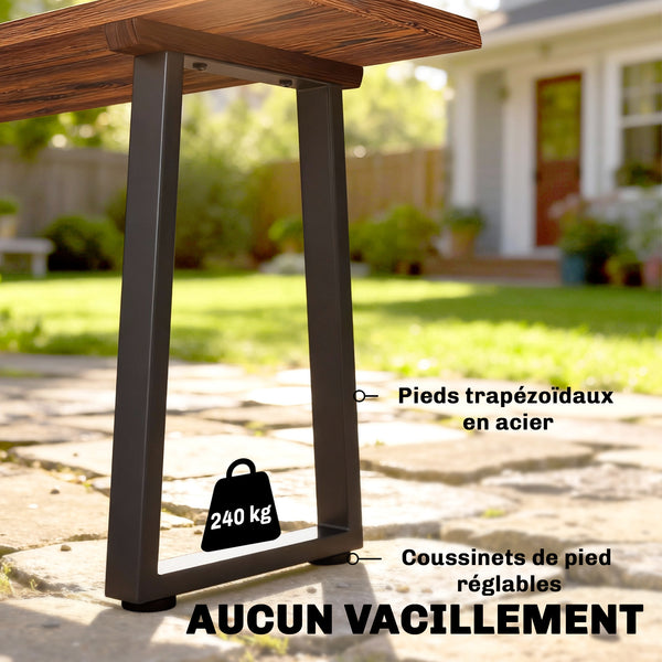 Banc de Jardin en Bois de Sapin, Sans Dossier, Industriel, Banc d'extérieur 2 Places à Effet Bois, Pieds trapézoïdaux en Acier, pour Patio Balcon Parc, Capacité 240 kg, 150x28x48cm, Carbonisé
