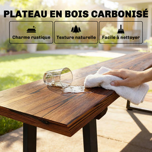 Banc de Jardin en Bois de Sapin, Sans Dossier, Industriel, Banc d'extérieur 2 Places à Effet Bois, Pieds trapézoïdaux en Acier, pour Patio Balcon Parc, Capacité 240 kg, 150x28x48cm, Carbonisé