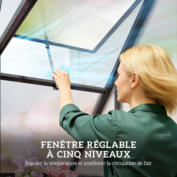 Serre de jardin en aluminium polycarbonate, serre avec fenêtre réglable porte battante, abri extérieur résistant aux intempéries pour plante fleur potager semis, transparent