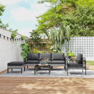 Salon de jardin extérieur 5 personnes, salon de balcon en résine tressée avec fauteuils, pouf et table basse, coussins déhoussables inclus, charge 120 kg, gris clair