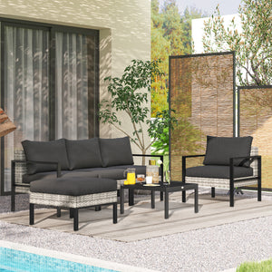 Salon de jardin extérieur 5 personnes, salon de balcon en résine tressée avec fauteuils, pouf et table basse, coussins déhoussables inclus, charge 120 kg, gris clair