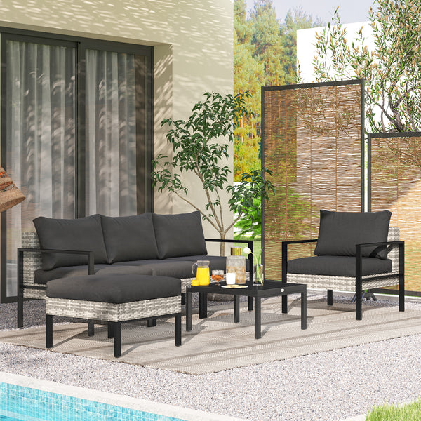 Salon de jardin extérieur 5 personnes, salon de balcon en résine tressée avec fauteuils, pouf et table basse, coussins déhoussables inclus, charge 120 kg, gris clair