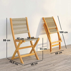 Lot de 2 Chaises de Jardin Pliantes en Bois d'Acacia FSC - Chaises de Balcon avec Dossier et Assise en Corde Tressée - Gain de Place, Aucun Assemblage Requis, Naturel et Beige
