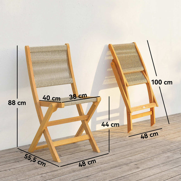 Lot de 2 Chaises de Jardin Pliantes en Bois d'Acacia FSC - Chaises de Balcon avec Dossier et Assise en Corde Tressée - Gain de Place, Aucun Assemblage Requis, Naturel et Beige