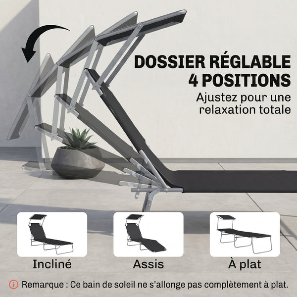 Transat Bain de Soleil Pliable Chaise Longue Pliante Grand Confort Dossier Inclinable Multi-positions et Pare-Soleil Réglable 187L x 58l x 36H cm Noir