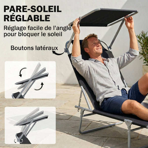 Transat Bain de Soleil Pliable Chaise Longue Pliante Grand Confort Dossier Inclinable Multi-positions et Pare-Soleil Réglable 187L x 58l x 36H cm Noir