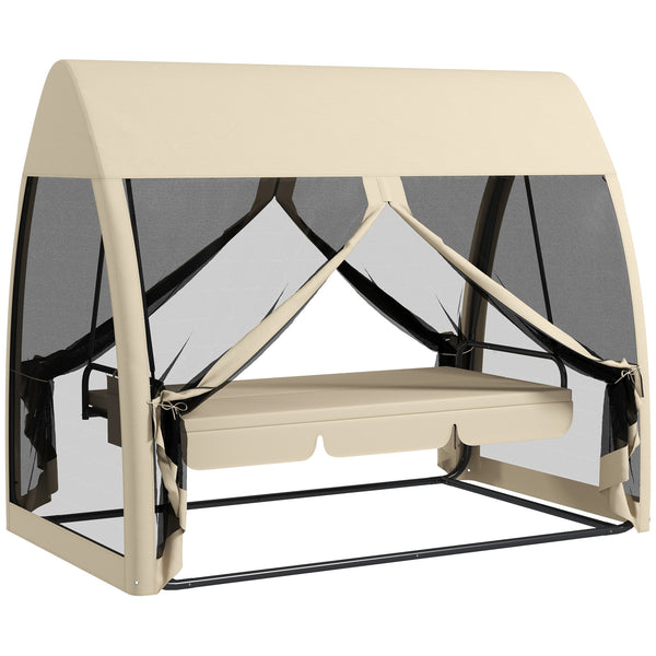 Balancelle de jardin convertible 3 places, balancelle d'extérieur avec auvent et coussins, filet avec fermetures éclair, poche, pour jardin, cour, beige
