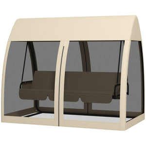 Balancelle de jardin convertible 3 places, balancelle d'extérieur avec auvent et coussins, filet avec fermetures éclair, poche, pour jardin, cour, beige