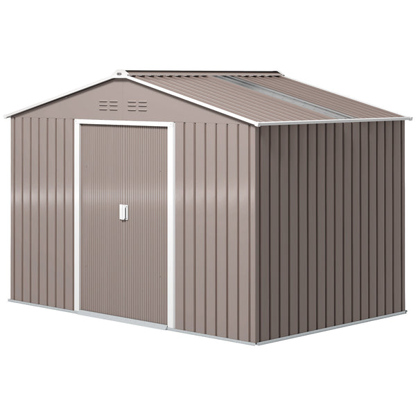 Abri de jardin en acier galvanisé XXL 5,4 m² avec kit de fondation 277x195x192cm, cabane de jardin toit en fibre de verre, cabanon rangement outils portes coulissantes 4 aérations gris clair