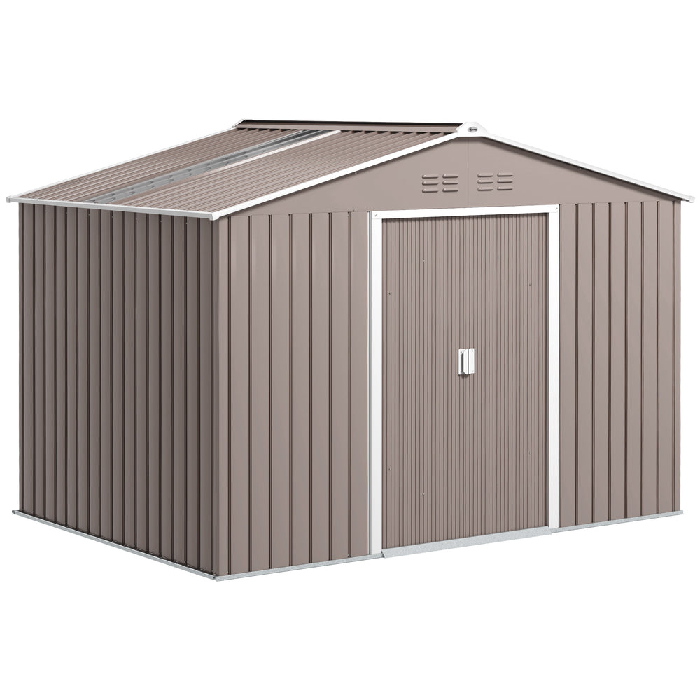 Abri de jardin en acier galvanisé XXL 5,4 m² avec kit de fondation 277x195x192cm, cabane de jardin toit en fibre de verre, cabanon rangement outils portes coulissantes 4 aérations gris clair