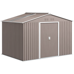 Abri de jardin en acier galvanisé XXL 5,4 m² avec kit de fondation 277x195x192cm, cabane de jardin toit en fibre de verre, cabanon rangement outils portes coulissantes 4 aérations gris clair