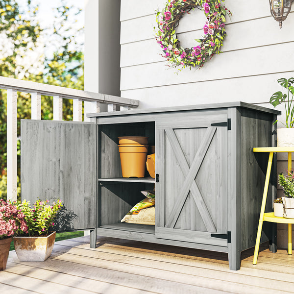 Armoire de Jardin en Bois, Placard de Jardin en Bois avec Étagères et Double Portes, Armoire à Outils, 110 x 60 x 88,5 cm, Gris Clair