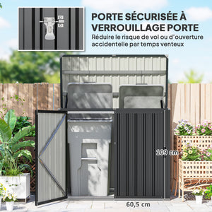 Cache Poubelle Extérieur 1,2 m², 150x80x117cm, Abri de Jardin en Acier Galvanisé pour 2 Poubelles, Double Porte à Serrures, Couvercle Relevable à Charnière, Rangement pour Vélo, Outils