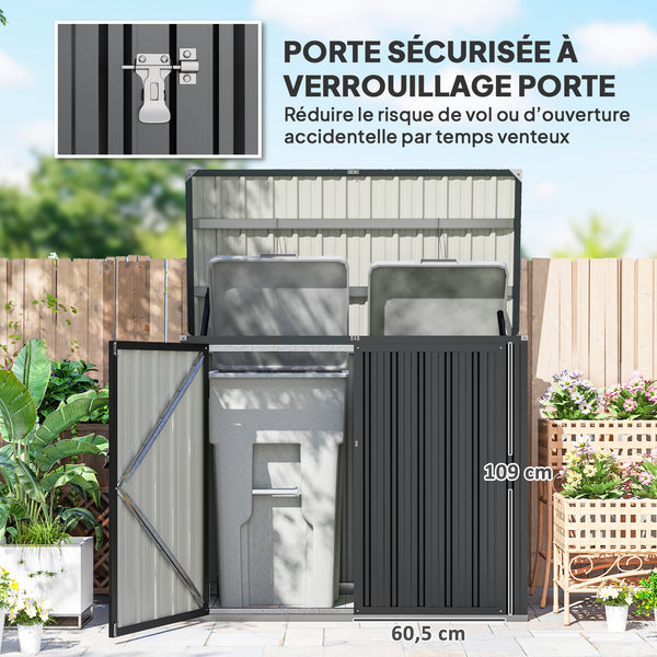 Cache Poubelle Extérieur 1,2 m², 150x80x117cm, Abri de Jardin en Acier Galvanisé pour 2 Poubelles, Double Porte à Serrures, Couvercle Relevable à Charnière, Rangement pour Vélo, Outils