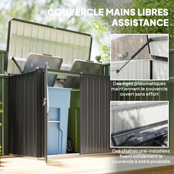 Cache Poubelle Extérieur 1,2 m², 150x80x117cm, Abri de Jardin en Acier Galvanisé pour 2 Poubelles, Double Porte à Serrures, Couvercle Relevable à Charnière, Rangement pour Vélo, Outils