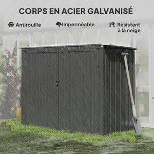Cache Poubelle Extérieur 1,2 m², 150x80x117cm, Abri de Jardin en Acier Galvanisé pour 2 Poubelles, Double Porte à Serrures, Couvercle Relevable à Charnière, Rangement pour Vélo, Outils