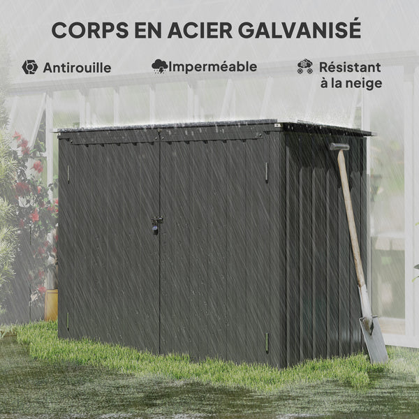 Cache Poubelle Extérieur 1,2 m², 150x80x117cm, Abri de Jardin en Acier Galvanisé pour 2 Poubelles, Double Porte à Serrures, Couvercle Relevable à Charnière, Rangement pour Vélo, Outils