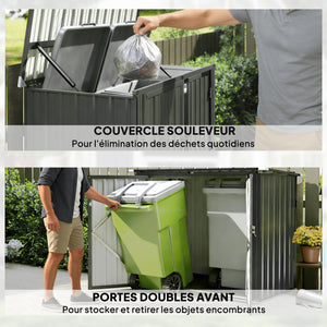 Cache Poubelle Extérieur 1,2 m², 150x80x117cm, Abri de Jardin en Acier Galvanisé pour 2 Poubelles, Double Porte à Serrures, Couvercle Relevable à Charnière, Rangement pour Vélo, Outils
