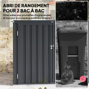 Cache Poubelle Extérieur 1,2 m², 150x80x117cm, Abri de Jardin en Acier Galvanisé pour 2 Poubelles, Double Porte à Serrures, Couvercle Relevable à Charnière, Rangement pour Vélo, Outils