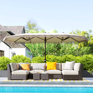 Parasol de jardin exterieur parasol double rectangulaire 4,5 x 2,65 x 2,6 m avec ouverture fermeture manivelle et franges, toile 180 g/m², parasol pour balcon, piscine, terrasse, crème