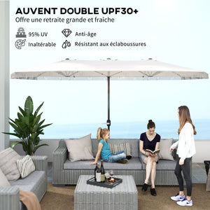 Parasol de jardin exterieur parasol double rectangulaire 4,5 x 2,65 x 2,6 m avec ouverture fermeture manivelle et franges, toile 180 g/m², parasol pour balcon, piscine, terrasse, crème