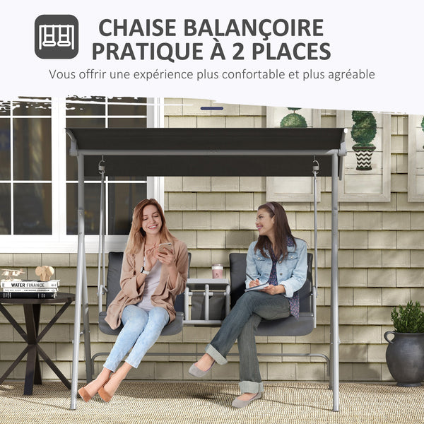 Balancelle de jardin 2 places avec auvent inclinable tablette centrale 2 porte-gobelets pour terrasse 175L x 112l x 158H cm balcon gris