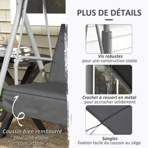 Balancelle de jardin 2 places avec auvent inclinable tablette centrale 2 porte-gobelets pour terrasse 175L x 112l x 158H cm balcon gris