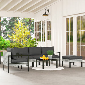Salon de jardin extérieur 5 personnes, salon de balcon en résine tressée avec fauteuils, pouf et table basse, coussins déhoussables inclus, charge 120 kg, gris clair