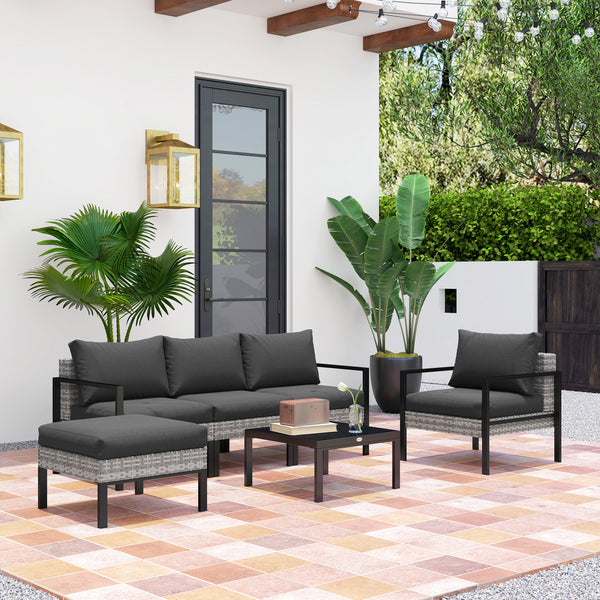 Salon de jardin extérieur 5 personnes, salon de balcon en résine tressée avec fauteuils, pouf et table basse, coussins déhoussables inclus, charge 120 kg, gris clair