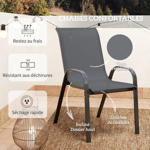 3 pièces salon de jardin extérieur, ensemble de meubles 2 fauteuils empilables, table basse avec dessus en verre trempé, tissu en textilène, pour patio, terrasse, balcon, gris foncé