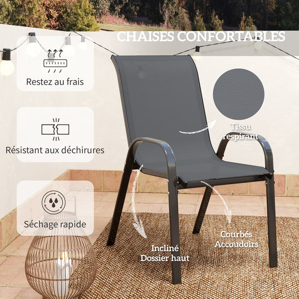 3 pièces salon de jardin extérieur, ensemble de meubles 2 fauteuils empilables, table basse avec dessus en verre trempé, tissu en textilène, pour patio, terrasse, balcon, gris foncé