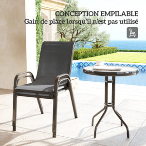 3 pièces salon de jardin extérieur, ensemble de meubles 2 fauteuils empilables, table basse avec dessus en verre trempé, tissu en textilène, pour patio, terrasse, balcon, gris foncé