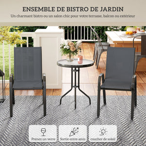 3 pièces salon de jardin extérieur, ensemble de meubles 2 fauteuils empilables, table basse avec dessus en verre trempé, tissu en textilène, pour patio, terrasse, balcon, gris foncé